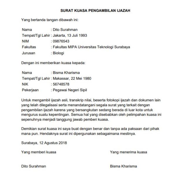 Detail Contoh Surat Kuasa Pengambilan Ijazah Kuliah Nomer 5