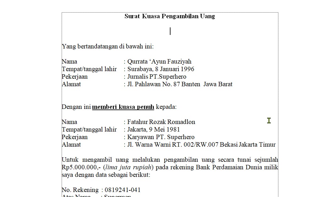 Detail Contoh Surat Kuasa Pengambilan Uang Nomer 28