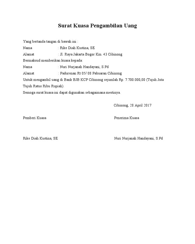 Detail Contoh Surat Kuasa Pengambilan Uang Di Bank Nomer 12