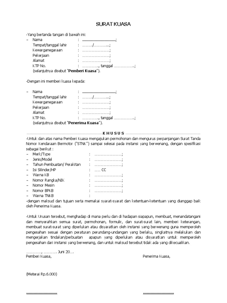 Detail Contoh Surat Kuasa Pengurusan Ganti Plat Motor Nomer 6