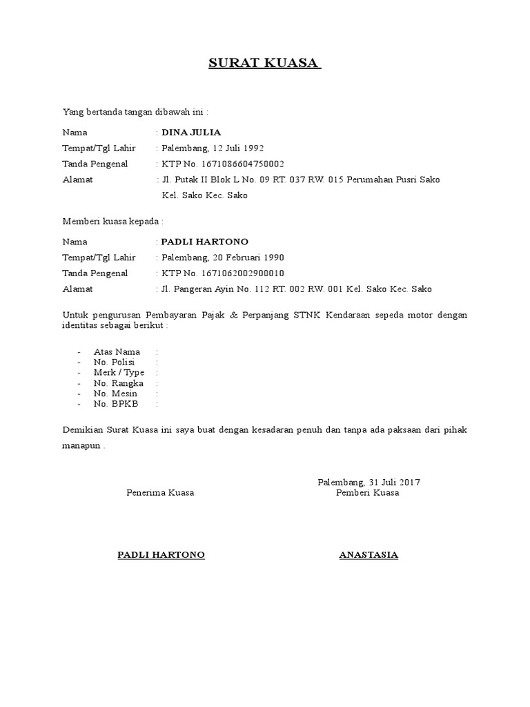 Detail Contoh Surat Kuasa Pengurusan Pajak Motor Nomer 16