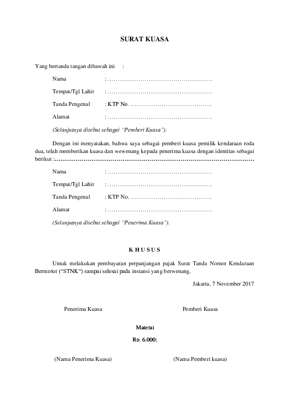 Detail Contoh Surat Kuasa Pengurusan Stnk Motor Nomer 12