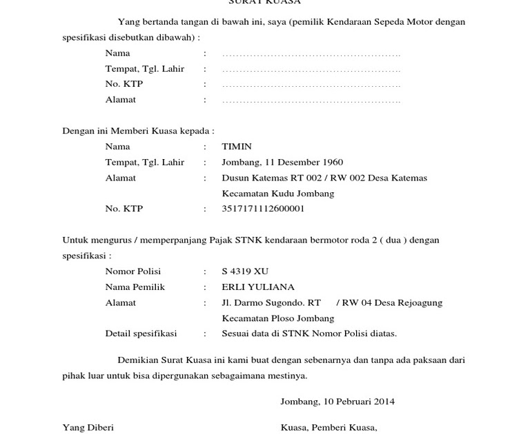 Detail Contoh Surat Kuasa Pengurusan Stnk Motor Nomer 40