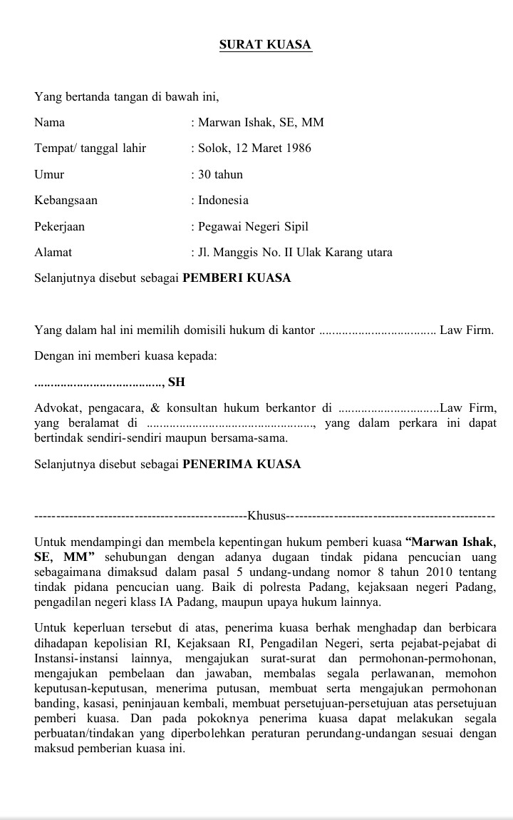 Detail Contoh Surat Kuasa Perkara Pidana Nomer 13