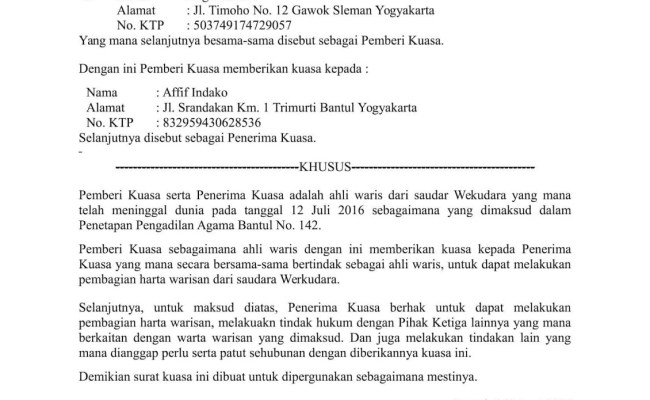 Detail Contoh Surat Kuasa Permohonan Penetapan Ahli Waris Nomer 22