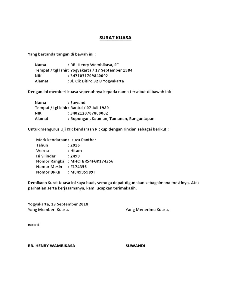 Detail Contoh Surat Kuasa Perpanjang Kir Mobil Nomer 15