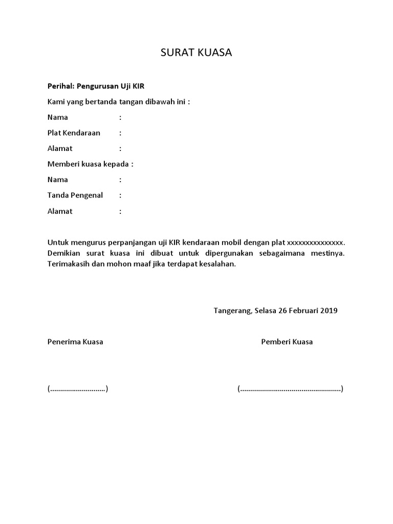 Detail Contoh Surat Kuasa Perpanjang Kir Mobil Nomer 5