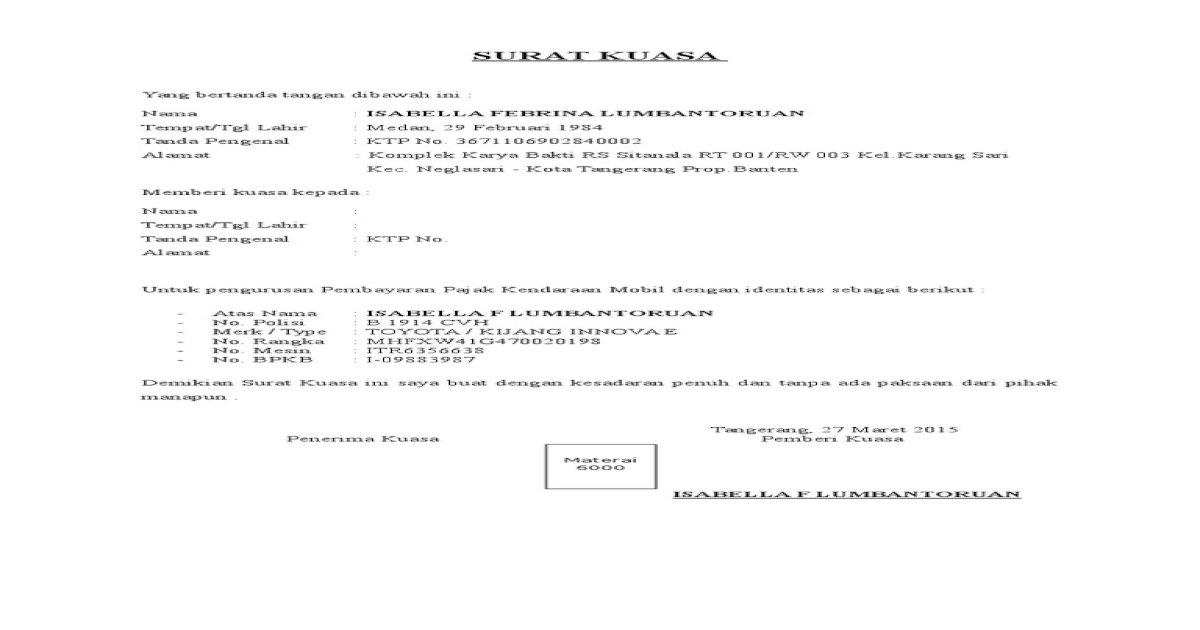 Detail Contoh Surat Kuasa Perpanjang Stnk Mobil Perusahaan Nomer 16