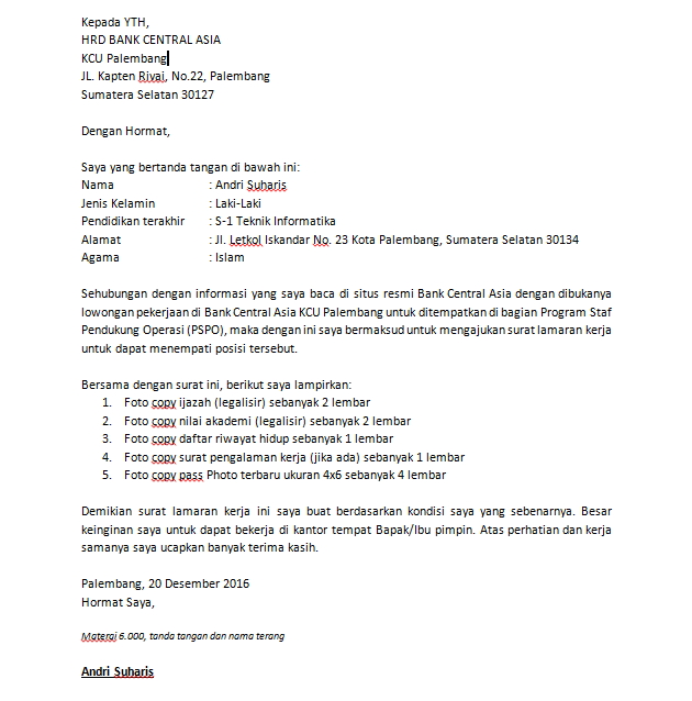 Detail Contoh Surat Lamaran Bank Bca Nomer 18