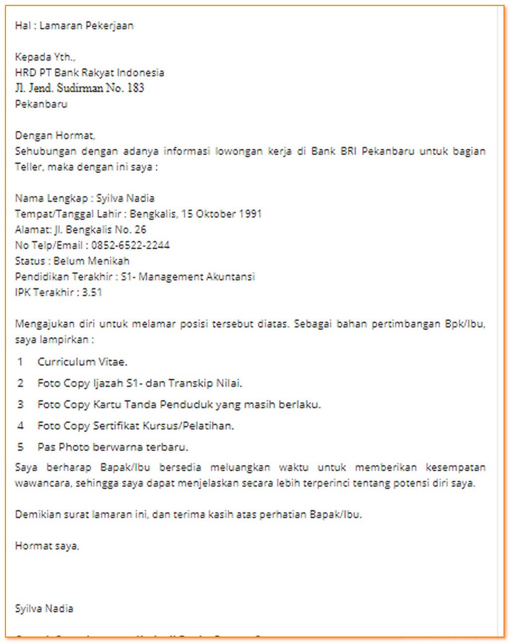 Detail Contoh Surat Lamaran Bank Bri Nomer 32