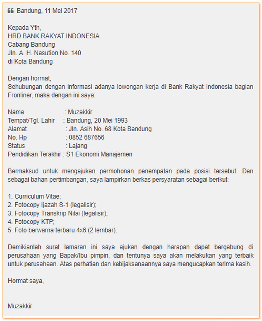 Detail Contoh Surat Lamaran Bank Bri Nomer 49