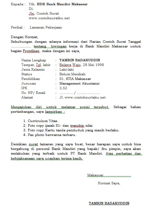 Detail Contoh Surat Lamaran Bank Mandiri Nomer 22