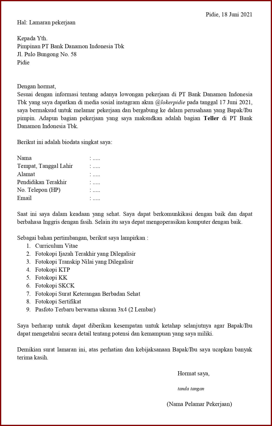 Detail Contoh Surat Lamaran Bank Mandiri Nomer 47