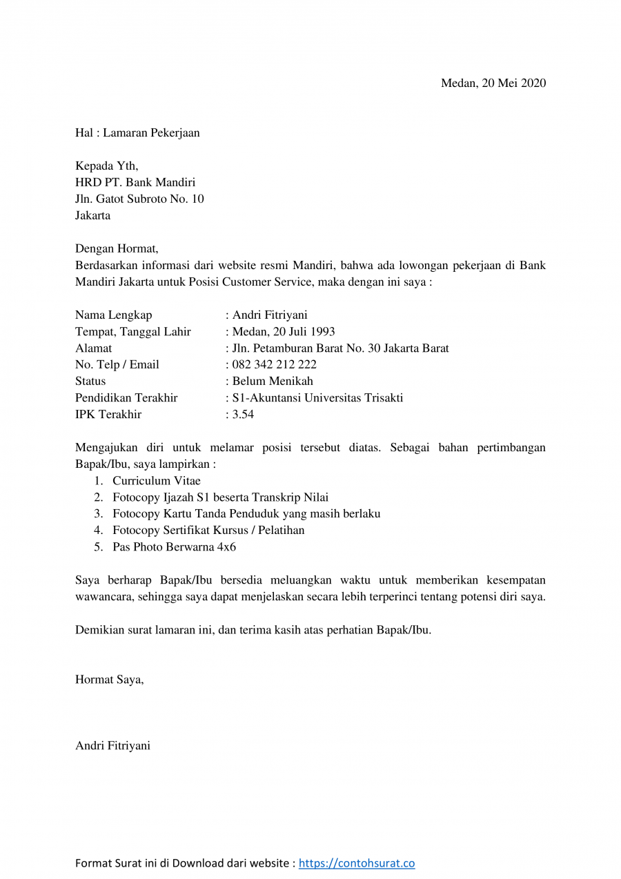 Detail Contoh Surat Lamaran Bank Mandiri Nomer 7