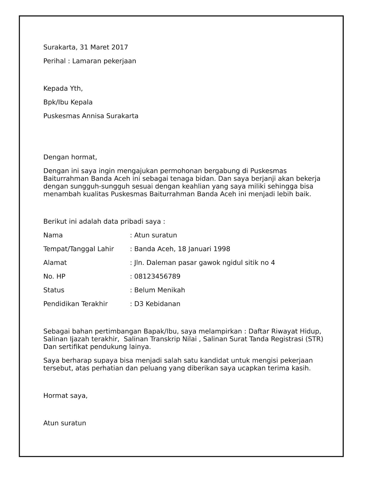 Detail Contoh Surat Lamaran Bidan Nomer 2