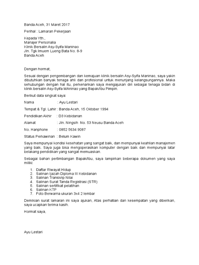Detail Contoh Surat Lamaran Bidan Nomer 15