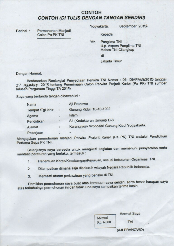 Detail Contoh Surat Lamaran Bintara Tni Ad Nomer 10