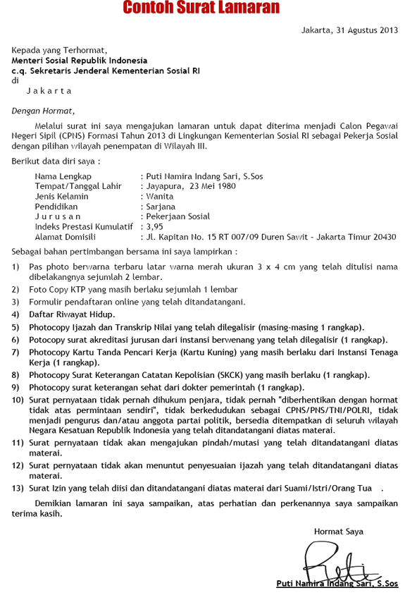 Detail Contoh Surat Lamaran Cpns Kemenkes Nomer 9