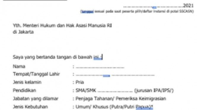 Detail Contoh Surat Lamaran Cpns Kemenkumham Nomer 41