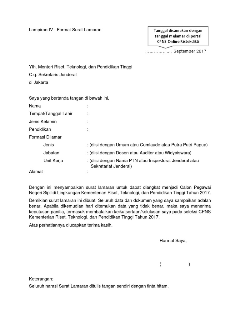 Detail Contoh Surat Lamaran Cpns Kemenristek Dikti Nomer 10