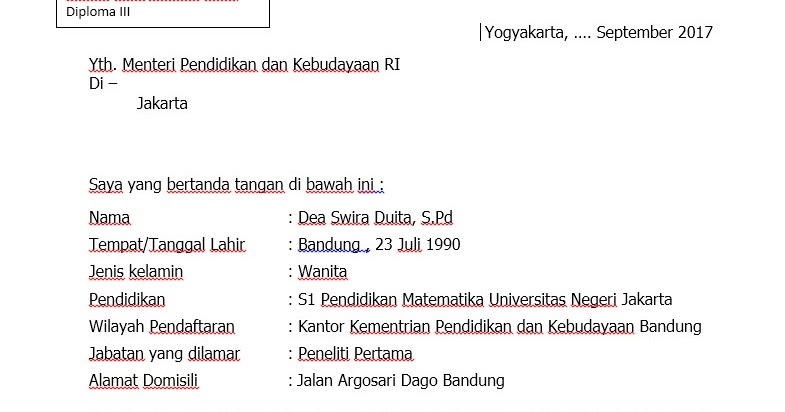 Detail Contoh Surat Lamaran Cpns Kemenristek Dikti Nomer 15