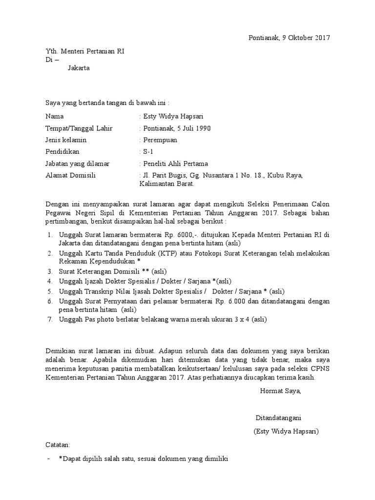 Detail Contoh Surat Lamaran Cpns Kementrian Pertanian Nomer 16