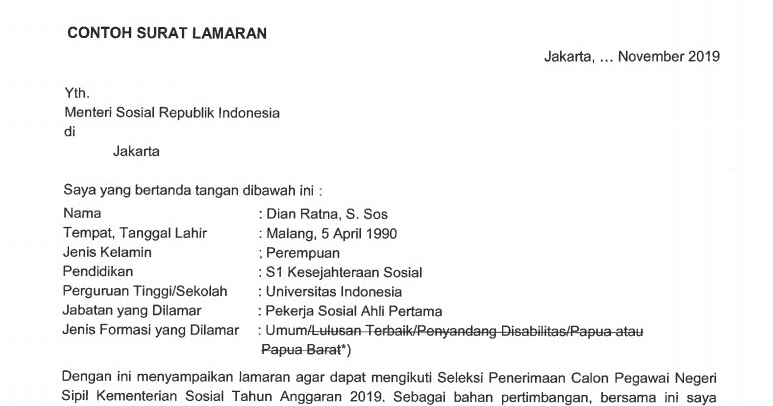 Detail Contoh Surat Lamaran Cpns S1 Nomer 37