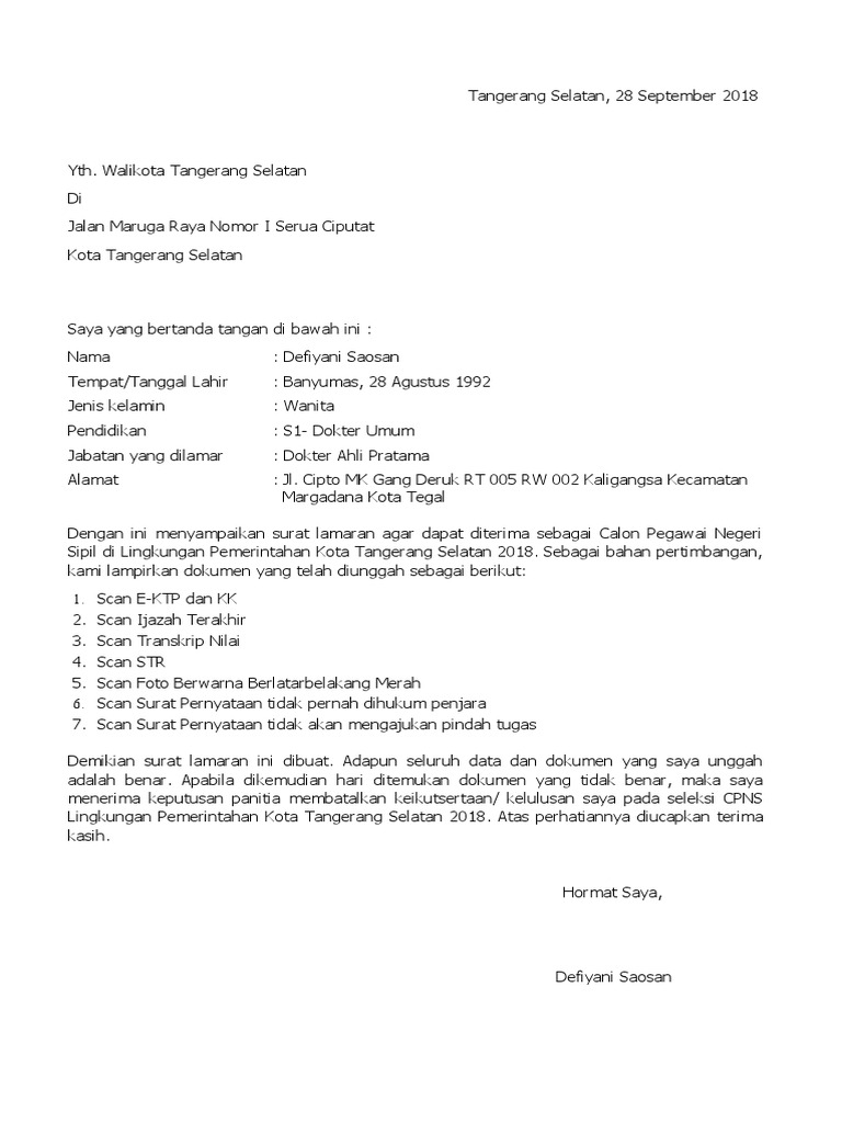 Contoh Surat Lamaran Cpns Tangerang Selatan - KibrisPDR