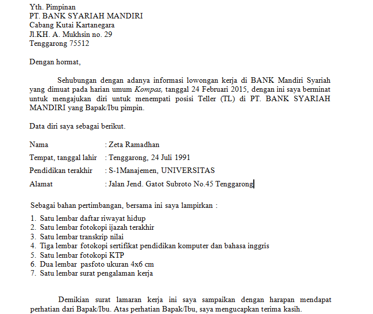 Detail Contoh Surat Lamaran Di Bank Mandiri Nomer 7