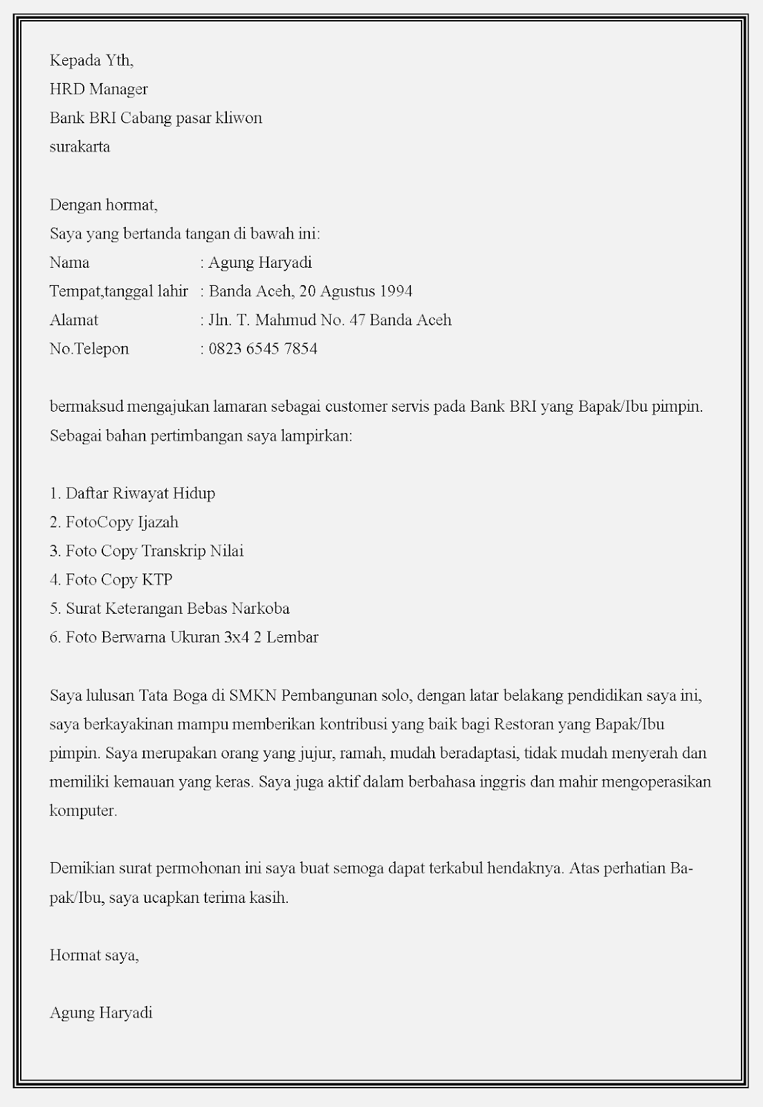 Detail Contoh Surat Lamaran Ke Bank Bri Nomer 34