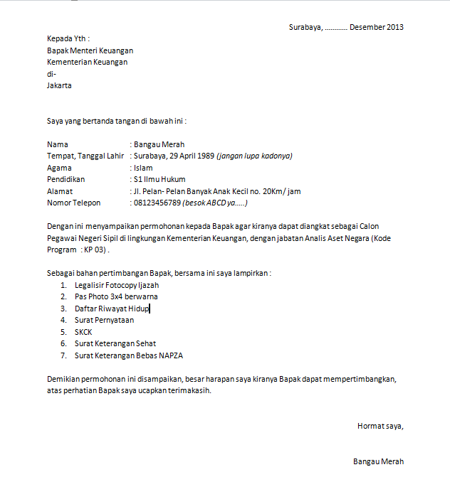 Detail Contoh Surat Lamaran Kementerian Keuangan Nomer 10