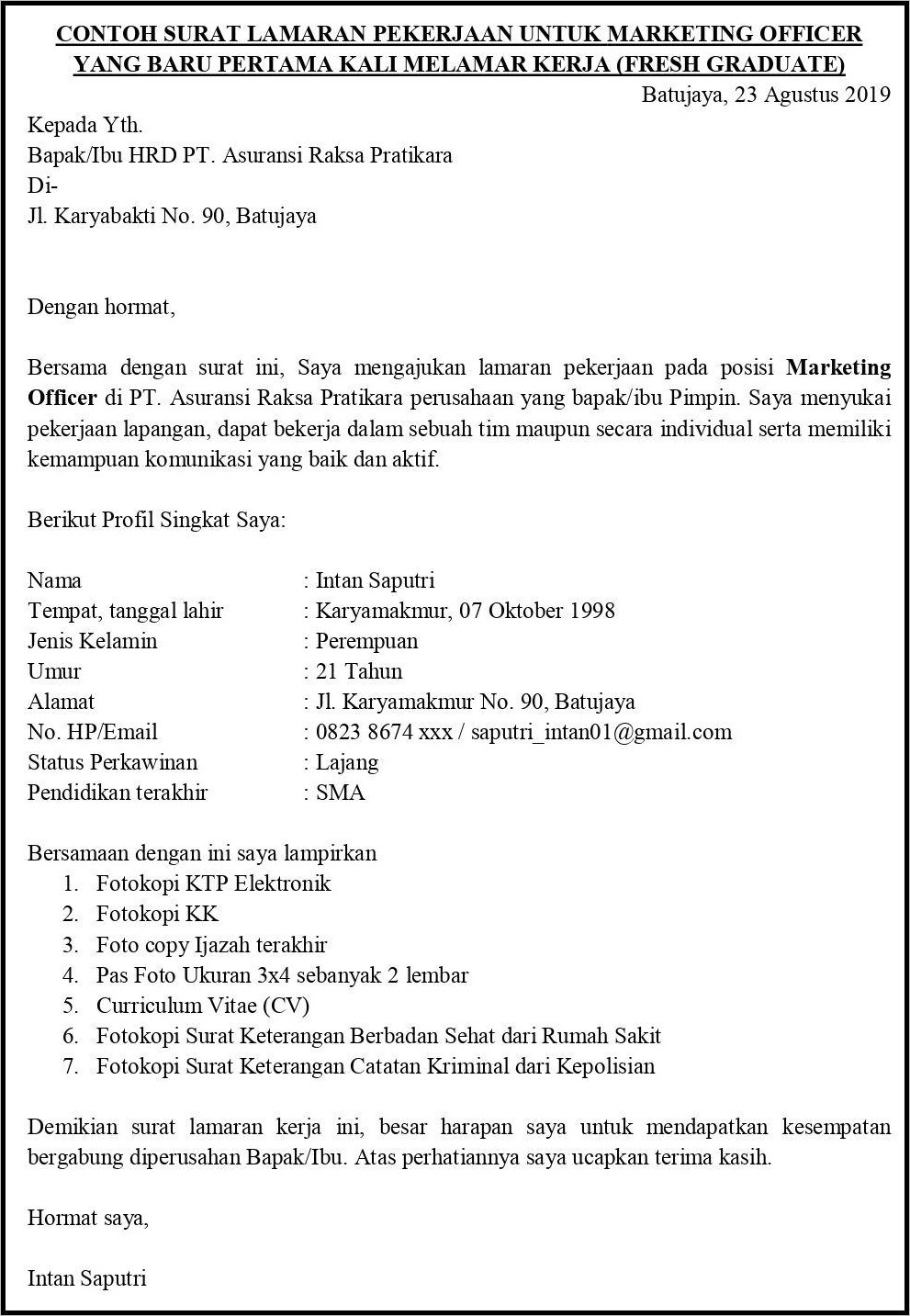 Detail Contoh Surat Lamaran Kerja Asuransi Nomer 11