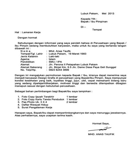 Detail Contoh Surat Lamaran Kerja Bahasa Indonesia Kelas 12 Nomer 4