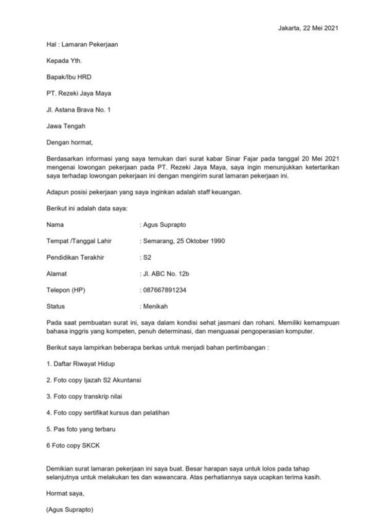 Detail Contoh Surat Lamaran Kerja Bahasa Indonesia Kelas 12 Nomer 53