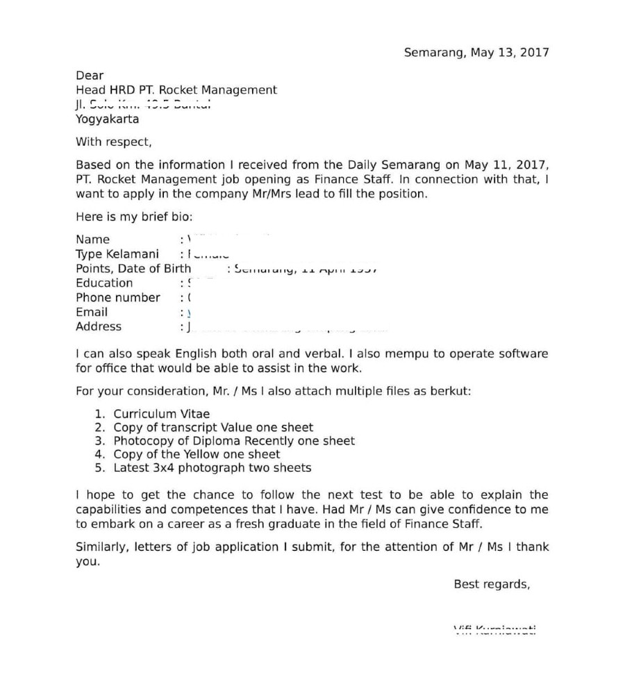 Detail Contoh Surat Lamaran Kerja Bahasa Inggris Dan Terjemahannya Nomer 13