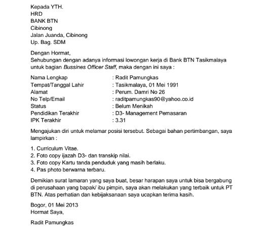 Detail Contoh Surat Lamaran Kerja Bank Btn Nomer 5