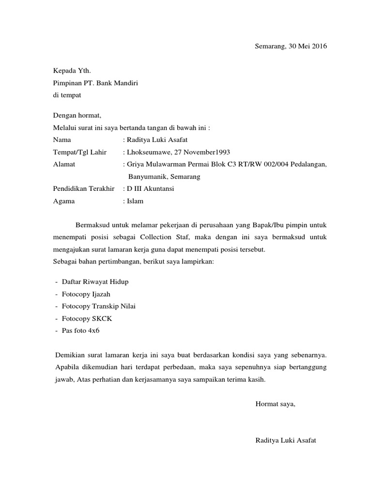 Detail Contoh Surat Lamaran Kerja Bank Mandiri Nomer 31