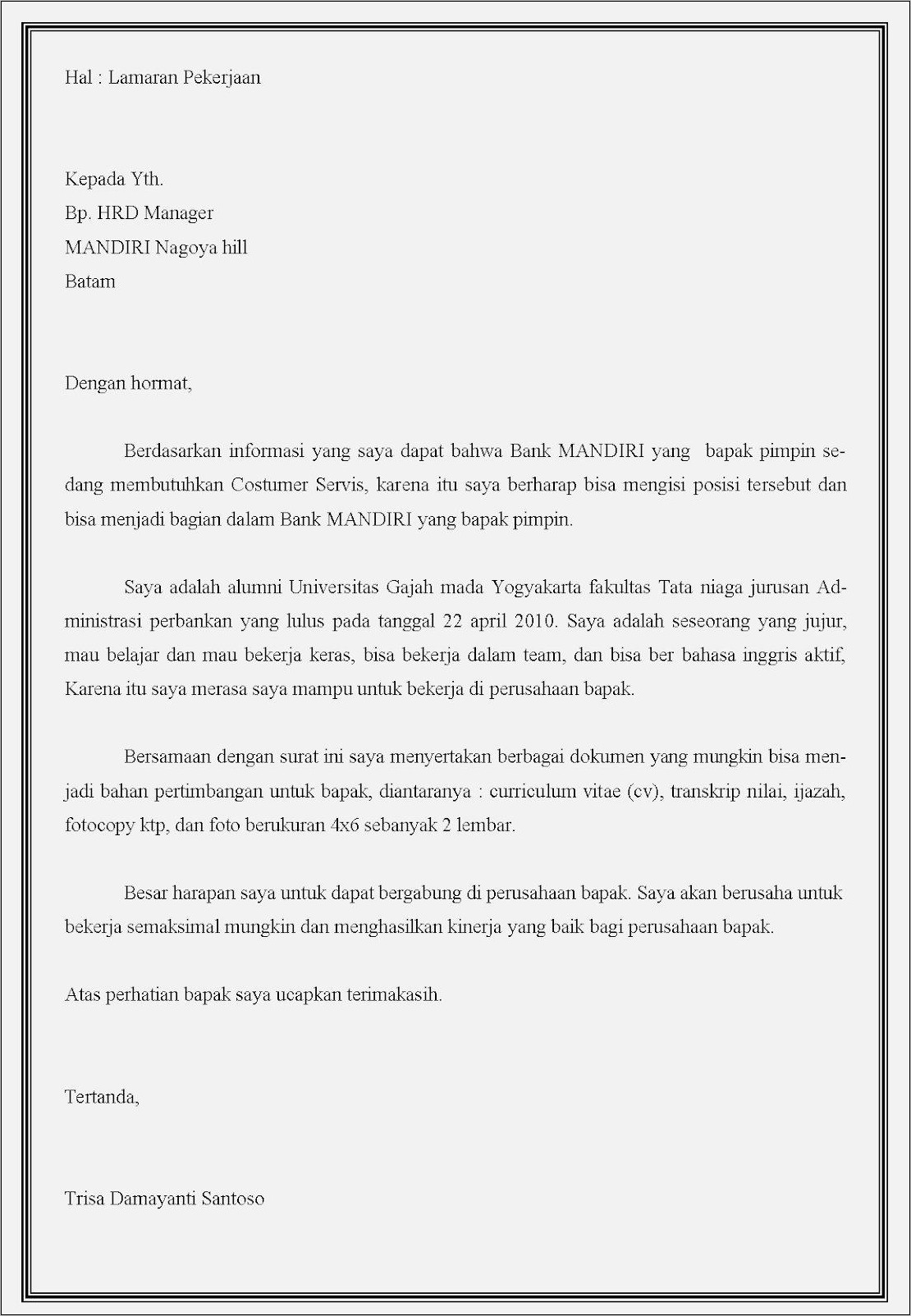 Detail Contoh Surat Lamaran Kerja Bank Mandiri Nomer 50