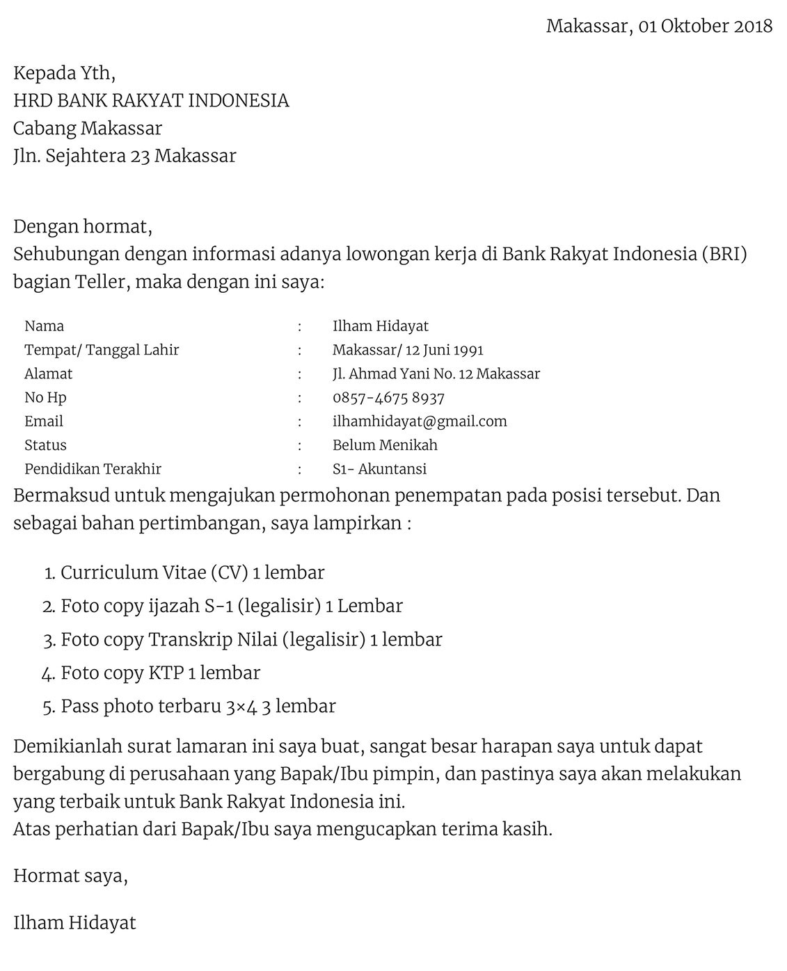 Detail Contoh Surat Lamaran Kerja Bank Yang Baik Dan Benar Nomer 13