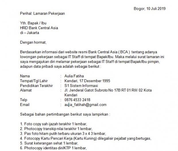 Detail Contoh Surat Lamaran Kerja Bca Nomer 14