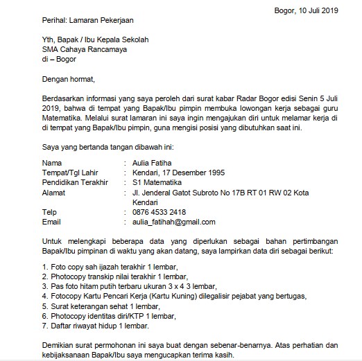 Detail Contoh Surat Lamaran Kerja Berdasarkan Lowongan Nomer 54