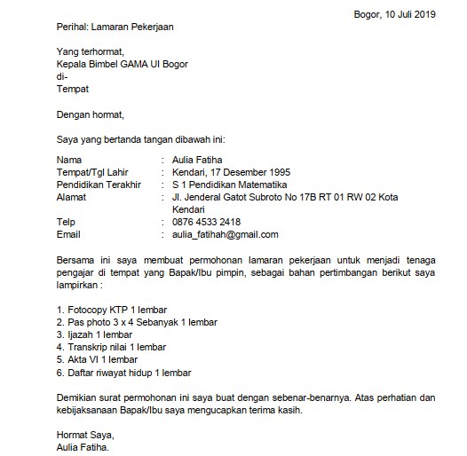 Contoh Surat Lamaran Kerja Bimbel - KibrisPDR