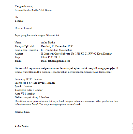 Detail Contoh Surat Lamaran Kerja Bimbel Nomer 16