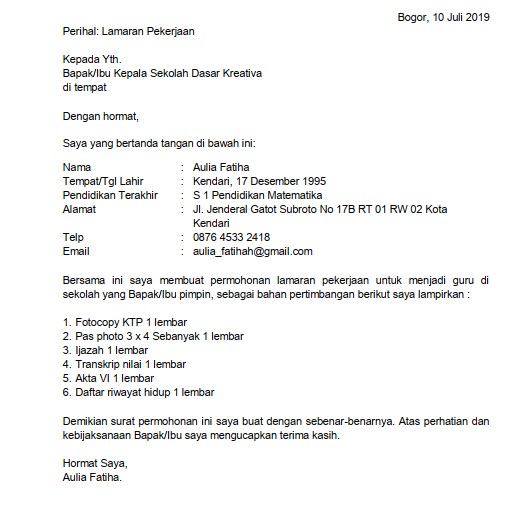 Detail Contoh Surat Lamaran Kerja Bimbel Nomer 10