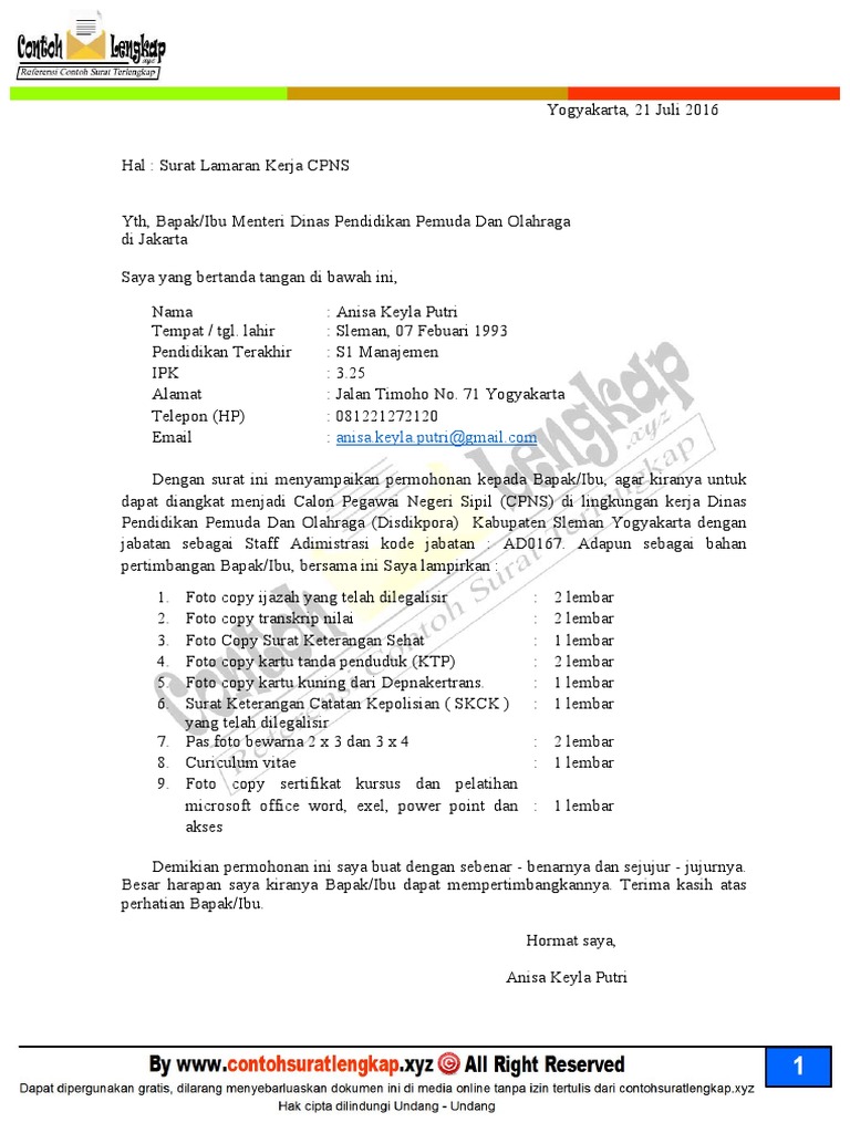 Detail Contoh Surat Lamaran Kerja Cpns Nomer 43