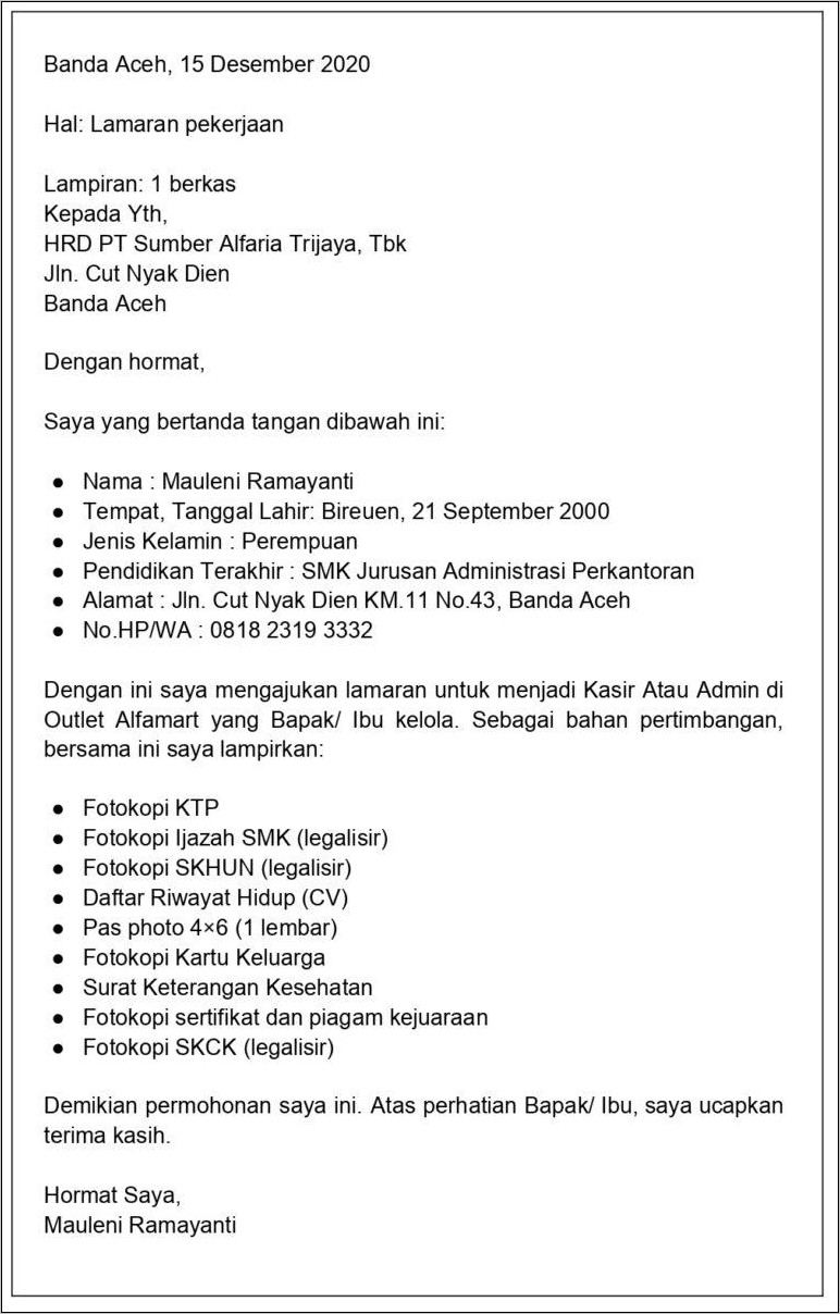 Detail Contoh Surat Lamaran Kerja Di Alfamart Nomer 17