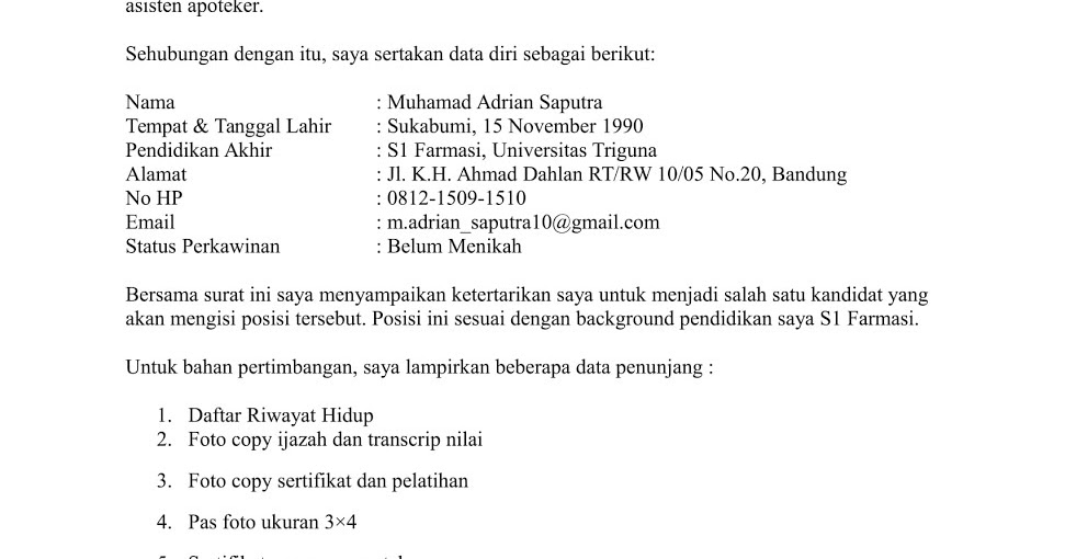 Detail Contoh Surat Lamaran Kerja Di Apotek K24 Nomer 39