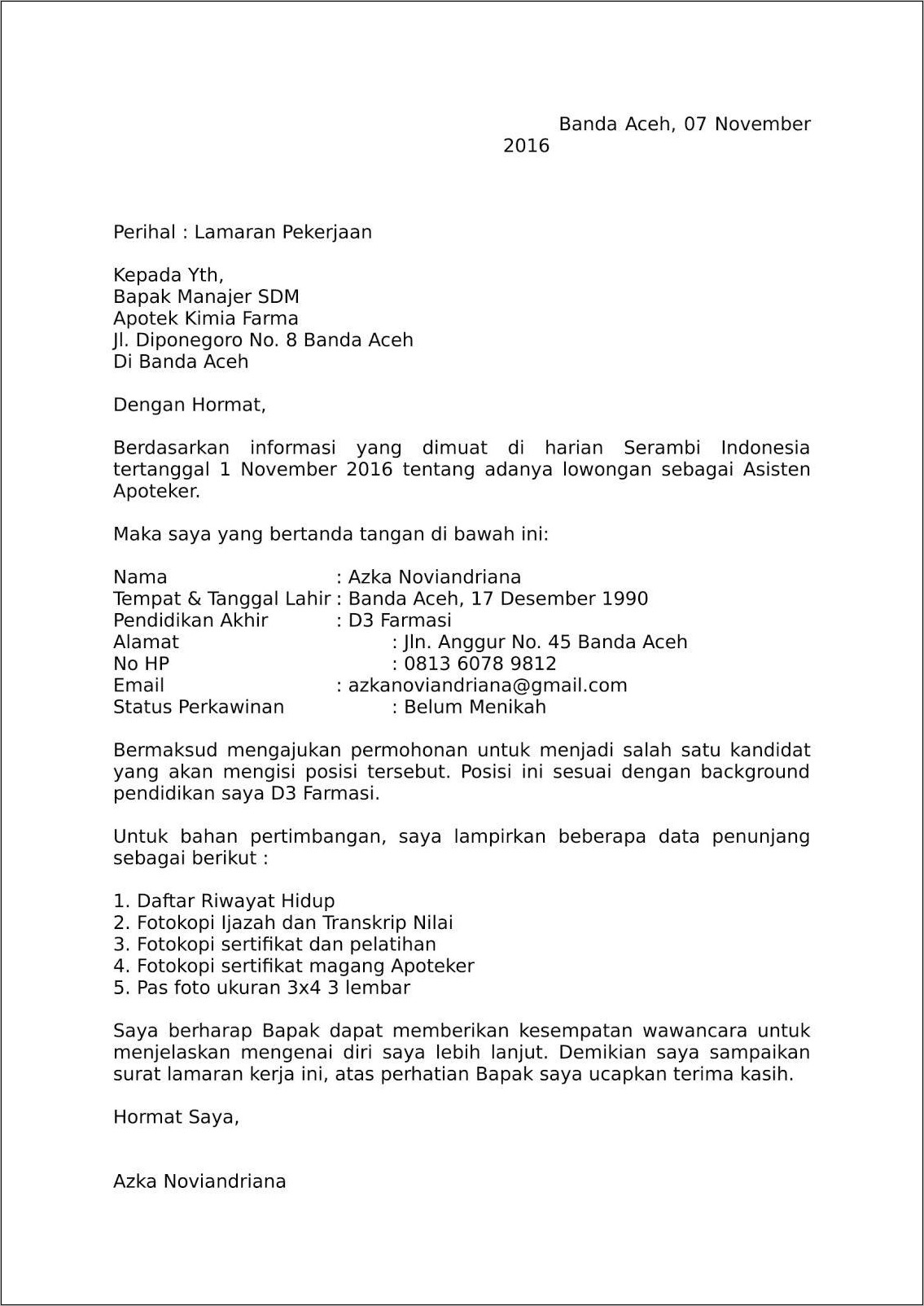 Detail Contoh Surat Lamaran Kerja Di Apotek K24 Nomer 6