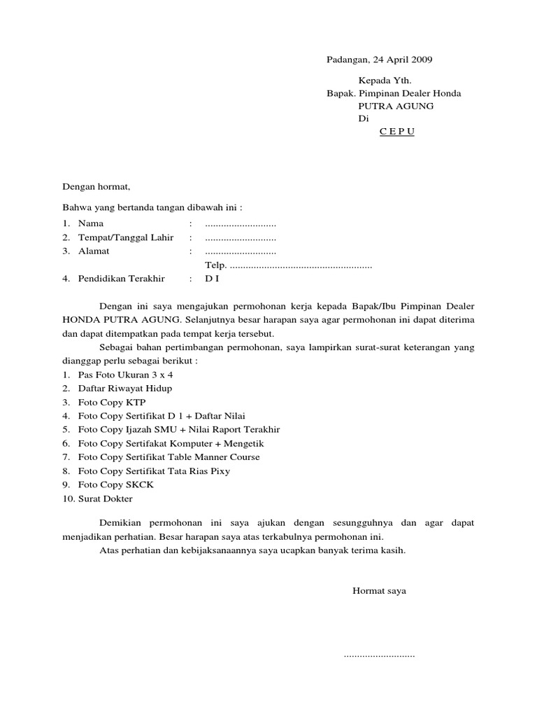 Detail Contoh Surat Lamaran Kerja Di Dealer Nomer 3