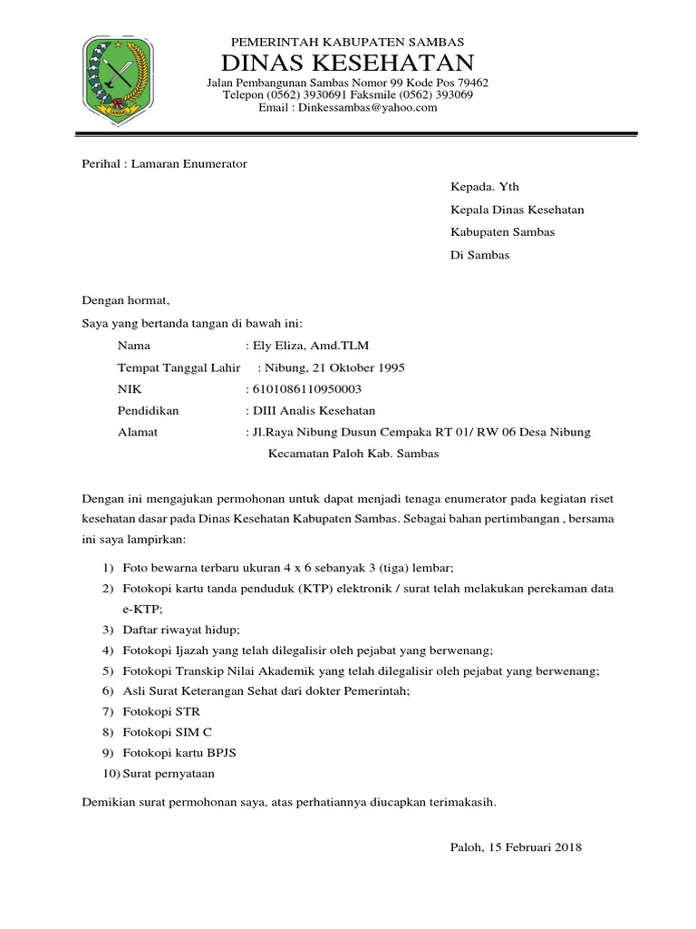 Detail Contoh Surat Lamaran Kerja Di Dinas Kesehatan Nomer 53